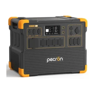 A studio product photo of the Pecron E3600LFP portable power station on a white background, featuring its dark gray body, bright orange corner bumpers, central color display showing 70% battery capacity, five covered AC outlets, and labeled DC and USB ports.