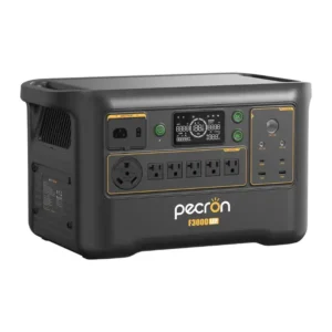 A studio product photo of the Pecron F3000 LFP portable power station on a white background, showing its dark grey chassis, integrated carry handles, active central display, five AC outlets, NEMA TT-30 RV outlet, and multiple DC and USB ports.