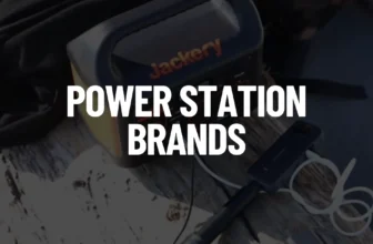 Text overlay "POWER STATION BRANDS" on a dark background showing a Jackery portable power station outdoors.
