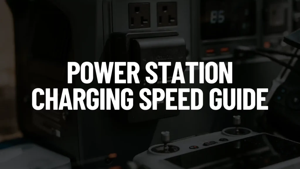 Informational featured image showing a dark, moody close-up of a portable power station charging a camera battery beside a drone remote controller, with large white text reading “POWER STATION CHARGING SPEED GUIDE.”