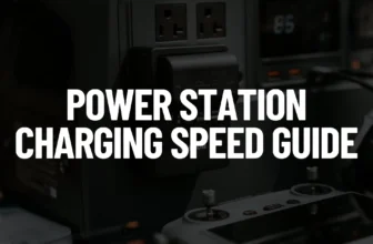 Informational featured image showing a dark, moody close-up of a portable power station charging a camera battery beside a drone remote controller, with large white text reading “POWER STATION CHARGING SPEED GUIDE.”