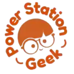 Power Station Geek circular logo featuring an orange geek mascot with round glasses inside a power dial