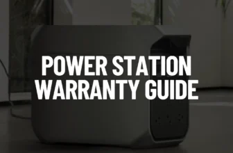 An informational blog guide featured image showing an EcoFlow DELTA series portable power station charging from a wall outlet, with large white text reading “POWER STATION WARRANTY GUIDE.”