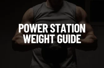 A conceptual featured image for a guide, showing a muscular person holding a heavy kettlebell against a dark, moody background with large white text in the center reading "POWER STATION WEIGHT GUIDE."
