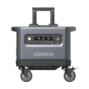 A front-facing studio photo of the UGREEN PowerRoam 2200 portable power station mounted on its detachable wheeled trolley, with the telescoping handle extended. The unit features a silver-grey chassis, central LCD display, multiple USB and DC ports, and prominent UGREEN branding against a white background.