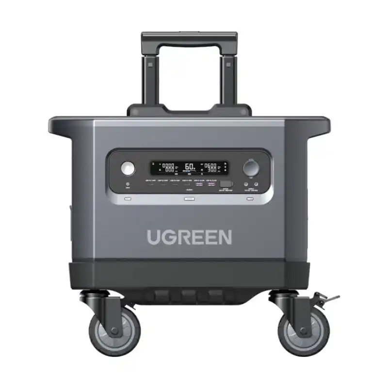 A front-facing studio photo of the UGREEN PowerRoam 2200 portable power station mounted on its detachable wheeled trolley, with the telescoping handle extended. The unit features a silver-grey chassis, central LCD display, multiple USB and DC ports, and prominent UGREEN branding against a white background.