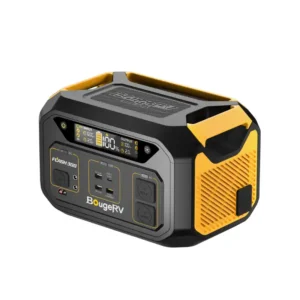 BougeRV Flash 300 portable power station on a white background, featuring a compact yellow and black design, integrated side handles, a front LCD showing 100% battery, and covered AC, DC, and USB output ports.