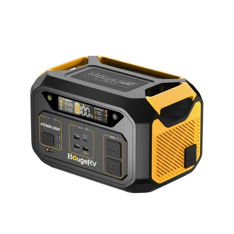 BougeRV Flash 300 portable power station on a white background, featuring a compact yellow and black design, integrated side handles, a front LCD showing 100% battery, and covered AC, DC, and USB output ports.