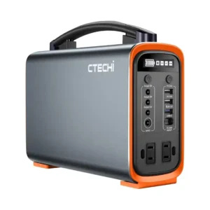 CTECHi GT200 240Wh portable power station on a white background, featuring a slim dark grey body, integrated top handle, front LCD display, AC outlets, USB ports, DC outputs, and a built-in LED light.